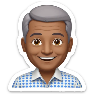 50 yr old indian man, dark skin, grey hair, big smile, white teeth, chubby, no moustache, clean shaven, young style hair, hair brushed back, 5 oclock shadow, bindy dot on forehead, dress shirt sticker