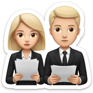 man in formal suit talking to woman in formal suit, they sit, papers in hands sticker