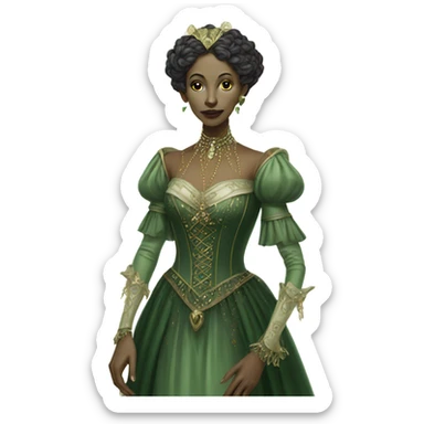 a green amazon alien woman in Victorian white gold full body sticker