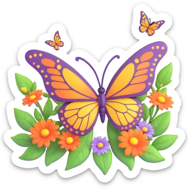 Add glowing leaves among the flowers and around the butterfly, maintaining the magical, 3D cartoon, digital fantasy art style. Keep the transparent background and all existing effects including flowers, glowing outlines, sparkling accents, magical particles, and elegant wings. sticker