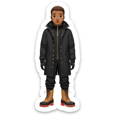 Handsome Black grown man with brown skin tone, wearing black joggers, a black weather coat, and buckwheat timberland boots, and black gloves sticker