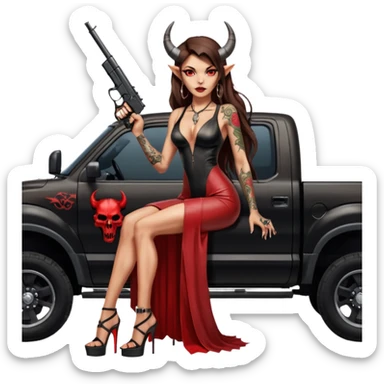 Lilith model red eye sexy black  devil horns.  long brown haired sexy succubus woman with leather long dress slit, sitting in Big Large F350 pickup truck. Black Platform high heels on feet. Tattoo sleeve arms, dead human skull of her ex skull is on top of stack of cash and a gun in  hand sticker