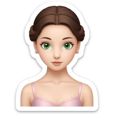 Cinema Realistic Ballerina Portrait, with porcelain-like skin featuring a natural rosy flush, illuminated by soft lighting that highlights the gentle contours of her face. Her Brunette hair flows in soft.Her deep green light eyes radiate framed by arched brows and long lashes. sticker