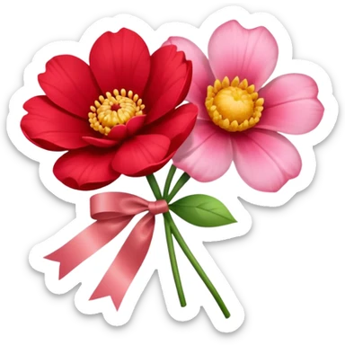 One red flower and one pink flower in transparent bouquet with red band  sticker