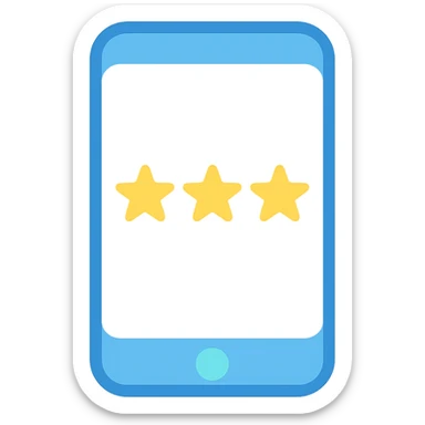Smartphone icon, flat emoji style, outline with blue and turquoise colors, screen showing three gold/yellow stars aligned in a horizontal row, white background sticker