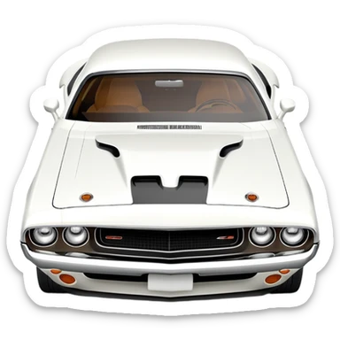 White 1971 Dodge Challenger with precise structure and proportions, consistent 30-degree angle view, showing detailed front fender and side profile, pure white color, iOS emoji style sticker