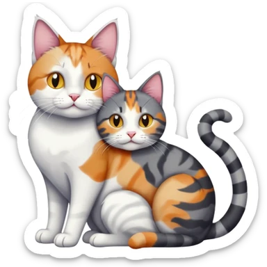 full body colourful light patched calico + white tabby cat cuddling a bigger cat that is dark grey and white tabby cat  and they are in love sticker
