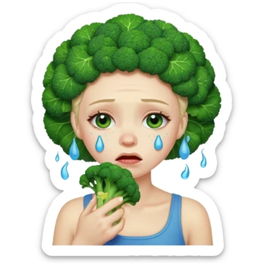 Woman crying eating broccoli. make tears blue color sticker