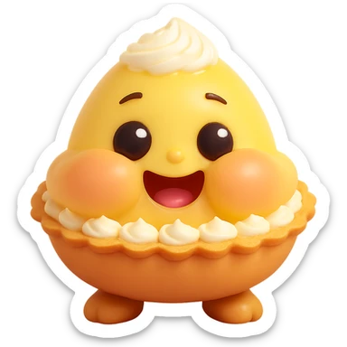Make the cheeks even chubbier while keeping the cute 3D kawaii egg tart character style with a golden crispy tart shell, jiggly custard face, big watery eyes, expressive cartoon mouth, pastel color palette, comical exaggerated emotion, soft lighting, and glossy textures. Maintain transparent background and no text. sticker