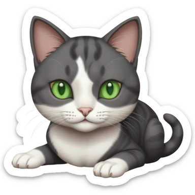 beautiful female solid dark grey cat with green eyes, white toes/paws and white patch on her chest rolling over sticker