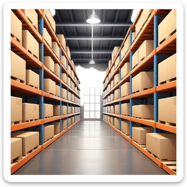 Modern warehouse interior, ultra-realistic, 4K, industrial shelves with boxes and pallets, soft lighting, realistic shadows, sharp focus, cinematic depth of field, professional photography. sticker