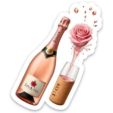 bottle of sparkling rosé champagne with a rose logo on the label, with a cork exploding out from the top, tilted up and to the left, no glass sticker