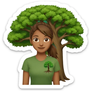 Make a zumba coach emoji, brown eyes, brown hair girl, green shirt withe "the roots" on it, longer pony tail hair, add the tree logo for the roots sticker