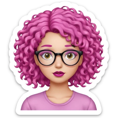 girl with pink curly hair around her shoulders, dark eyebrows, lashes, glasses and lip gloss sticker