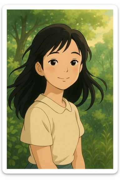 Chinese girl, ghibli style, gentle smile, flowing hair, nature-inspired background sticker