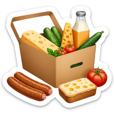 a box of groceries, sausage, cheese, canned meat, herbs, milk, tomatoes, cucumbers, and a loaf of bread sticker