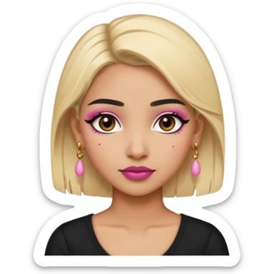 Sweet Indian girl blond hair black eyes brown/pink lipstick pink blush black top gold earrings brown eyebrows  sticker