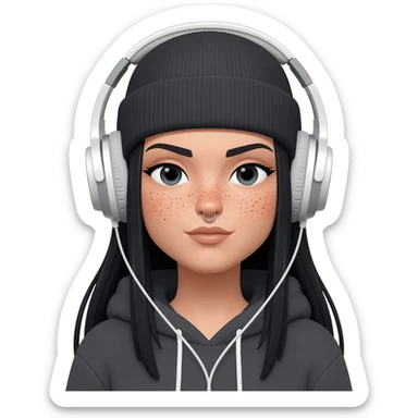 White curvy female with freckles, long straight black hair wearing a beanie and hoodie and nose ring on one nostril listening to music sticker