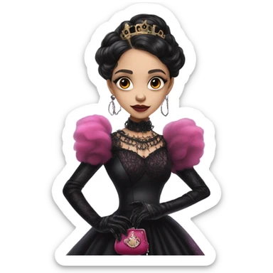 provocatively flirty Lavish black evening gown with see-through gloves, Jenna Ortega as Addams woman prom queen wearing a steampunk mini tiara, very large blood  pink evil-looking horned old dragon purse sticker