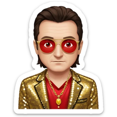 Bono with gold sequin jacket, red shirt with necklace, dark brown medium hair sticker
