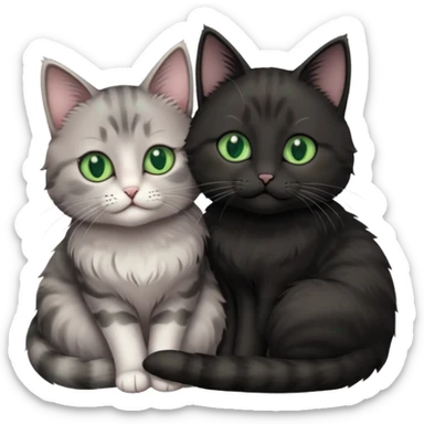 1 grey cat with pastal green eyes and 1 black with green eyes cat cuddling sticker