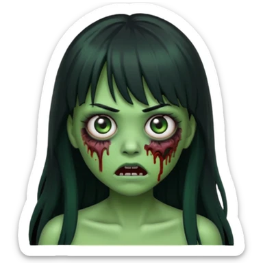 scary zombie emoji, green skin, long black hair with bangs, wide eyes sticker