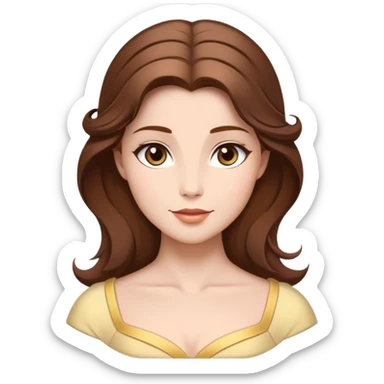 Cinematic Timeless Belle Portrait Emoji, rendered in a clean, vector style. Depict Belle with fair, luminous skin, beautifully arranged brown hair, and a serene, graceful expression, dressed in her classic attire. The design features bold, simplified shapes, a soft, enchanting glow, and a subtle glowing outline, capturing the essence of pure, timeless beauty. sticker