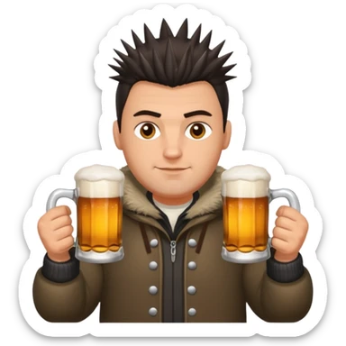 big slavic guy sitting in yoga pose, spiky short dark hair, holding beer mugs in two hands, winter dressed sticker