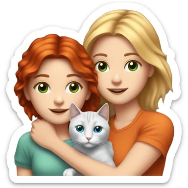Realistic white girl dark red hair and blue green eyes hugs one orange and one gray cat  sticker