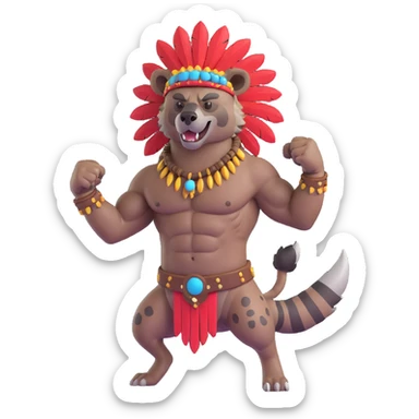 A native strong buff hyena with war bonnet flexing posing full body  sticker