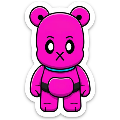 Bearbrick figure with classic KAWS crossed-out X eyes wearing a bright pink balaclava, colorful bear-shaped collectible toy sticker