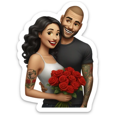 Hyper Realistic beautiful woman smells bouquet of bright red roses laughing with handsome tattooed man  sticker