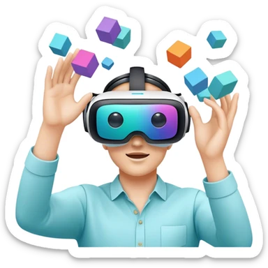 humanless emoji for the creation of VR/AR technology. Show a designer's hands holding a VR headset or AR glasses, with floating 3D models or virtual objects being manipulated in the air. Use modern, tech-inspired colors. Do not include any emojis or smiley faces. Make the background transparent. sticker