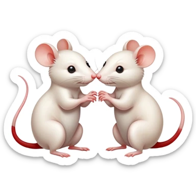 Two cute rats interact with each other in different ways. One rat is white, the other rat is red sticker