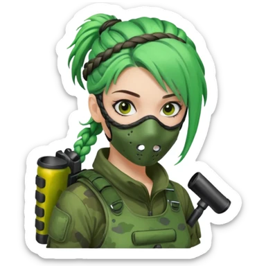 paintball player face girl braided green hair sticker