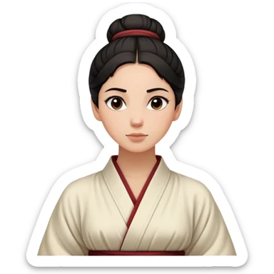 Cinematic Realistic Timeless Mulan Portrait, featuring a serene and confident Mulan with intricately detailed, natural light skin and precisely styled dark hair in a traditional bun. Her expression is calm and assured, and her simple, traditional robe is rendered with realistic textures and delicate, natural folds that catch the light beautifully. The portrait is illuminated by soft, ambient light that creates a natural, radiant finish and subtle glowing outline, perfectly capturing her enduring beauty and quiet strength in a timeless, realistic manner. sticker