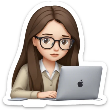 pale brunette girl in glasses with long hair works on computer looking down sticker