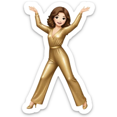 woman with white skin and brown hair disco dancing in classic disco pose, wearing a glittery jumpsuit, smiling sticker