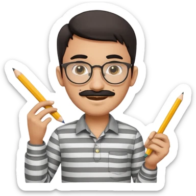 young Pakistani male shopkeeper, short dark hair, round eyeglasses, thick black mustache, smiling, light grey striped collar shirt, holding a small parchi (receipt) in one hand, yellow pencil behind ear, cartoonish, clean, rounded, expressive, no background, Apple emoji style sticker