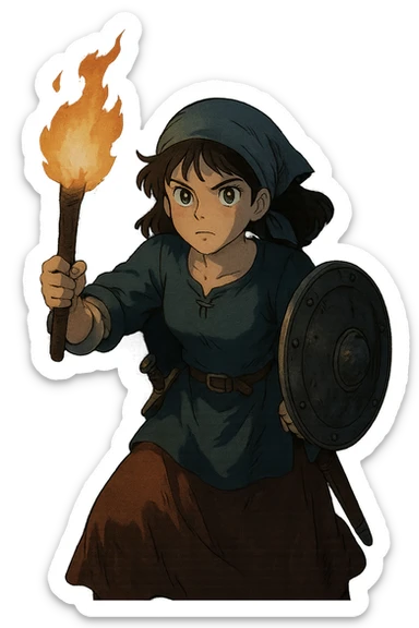 a warrior maiden with a sword and shield, common tavern clothing, eye gleam, defense stance, repose, amid darkness of midnight, holding only a torch sticker