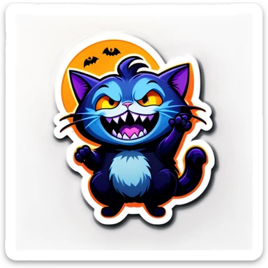 A dark blue cartoon cat with a spooky yet playful expression, inspired by Halloween sticker aesthetics. The cat is laughing uncontrollably, rolling on the floor or holding its belly, with exaggerated, expressive eyes and sharp teeth showing. The background is dark but fun, featuring gothic elements like floating candles, cobwebs, and eerie purple lighting. The art style is cute yet slightly creepy, resembling animated Halloween-themed stickers with bold outlines and vibrant colors. sticker