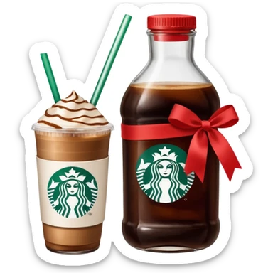 Starbucks iced espresso with milk and the cup has red ribbons printed on it. There is a bottle of cinnamon dolce syrup next to it  sticker