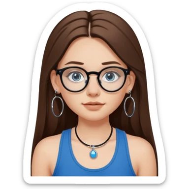White girl with long brown hair, part going more to the RIGHT side, BLUE eyes, wearing BLACK plastic frame glasses. SEPTUM nose piercing hoop (at bottom of nose) AND stud nose piercing on right side of nose. Wearing BLACK tank top. Wearing big hoop earrings. NOOO necklace! sticker