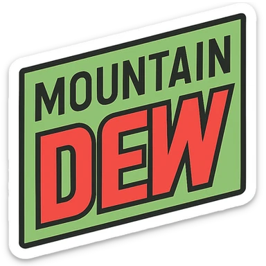 color outline icon of Mountain Dew logo, dynamic lines, green and red palette, energetic and modern look, simplified for icon use sticker