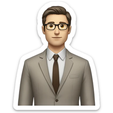 Full height Pale skinned fit man with dark brown hair in gray jacket, beige office shirt, brown tie, brown pants and vintage glasses. His right hand stretched out sticker
