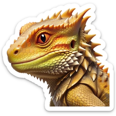Cinematic Noble Bearded Dragon Portrait Emoji, Poised and regal, with a robust, angular build and a textured, scaled hide in earthy olive and sandy tones, a prominent spiky 'beard' beneath its chin and a keen, alert gaze, Simplified yet sharp and sophisticated features, highly detailed, glowing with a soft, dignified glow, high shine, intelligent and fierce, stylized with an air of desert majesty, focused and attentive, soft glowing outline, capturing the essence of a watchful and commanding reptile, so majestic it feels as though it could scuttle out of the screen with effortless authority! sticker