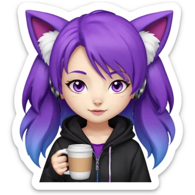 chibi fox girl with purple hair , purple fox ears, purple fox tail, black hoodie, blue eyes with head phones around her neck and white shorts, generate her looking smug holding a large coffee cup sticker