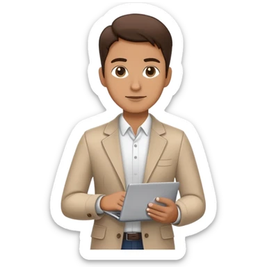 business owner standing confidently, holding a closed laptop in one hand and a takeaway coffee cup in the other. The character wears casual-smart clothes. sticker