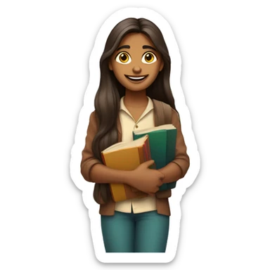 A desi indian fair skin tone with long hair holding books with smiley face sticker