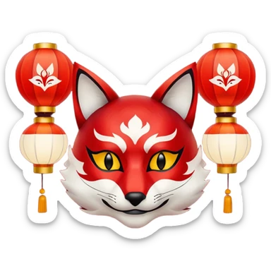 kitsune mask, worn by a festival performer at night, paper lanterns in background, colorful bokeh lights sticker